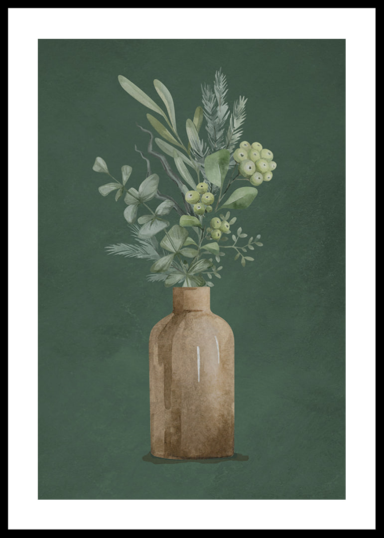 Watercolor of brown vase with evergreen twigs on green background-12