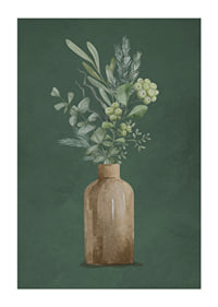 Watercolor of brown vase with evergreen twigs on green background-1