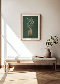 Watercolor of brown vase with evergreen twigs on green background-8