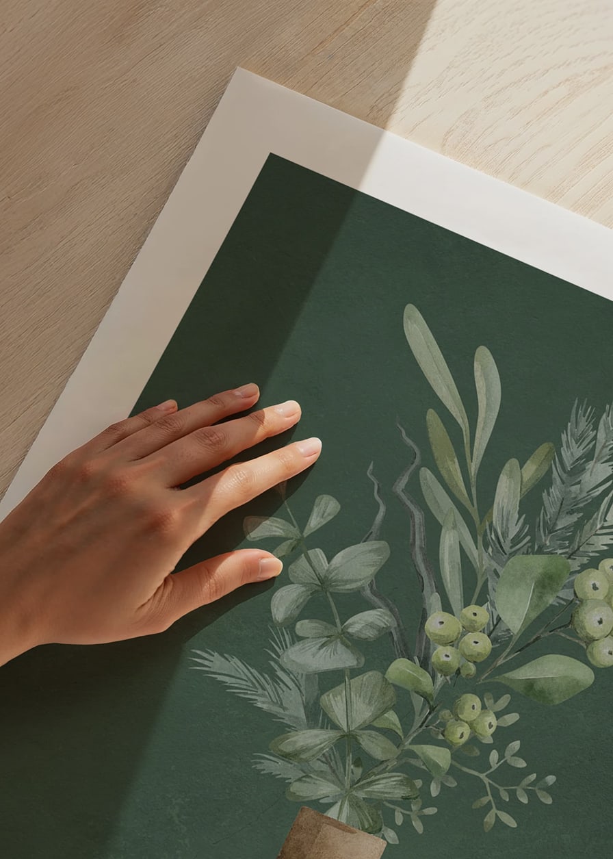 Watercolor of brown vase with evergreen twigs on green background-12