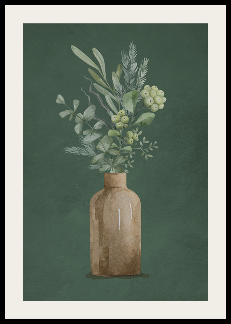 Watercolor of brown vase with evergreen twigs on green background-12