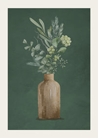 Watercolor of brown vase with evergreen twigs on green background-3