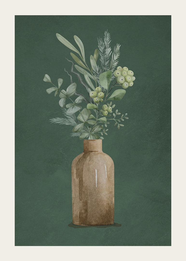 Watercolor of brown vase with evergreen twigs on green background-12