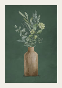 Akvarell av bruna vas med vintergröna kvistar på grön bakgrund-3