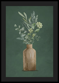 Watercolor of brown vase with evergreen twigs on green background-4