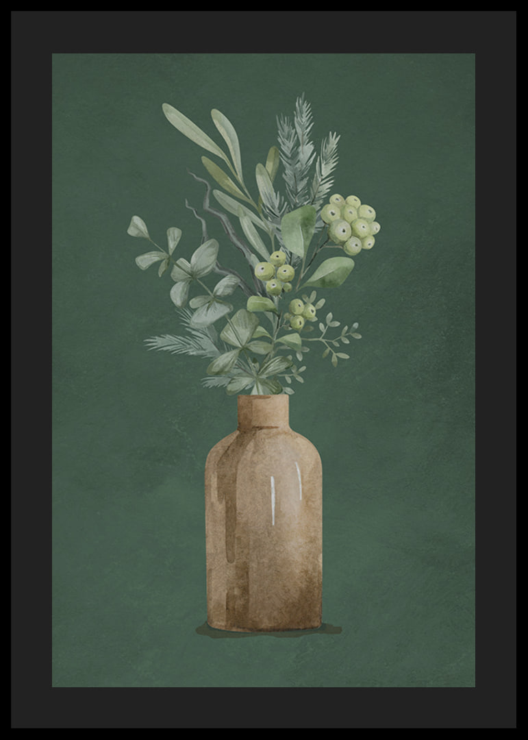 Watercolor of brown vase with evergreen twigs on green background-12