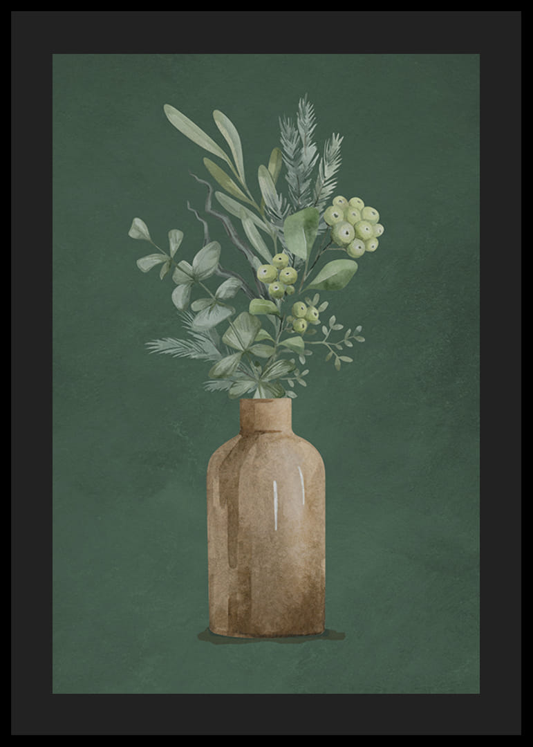 Akvarell av bruna vas med vintergröna kvistar på grön bakgrund-12