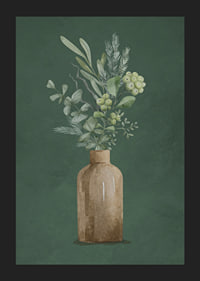 Watercolor of brown vase with evergreen twigs on green background-5