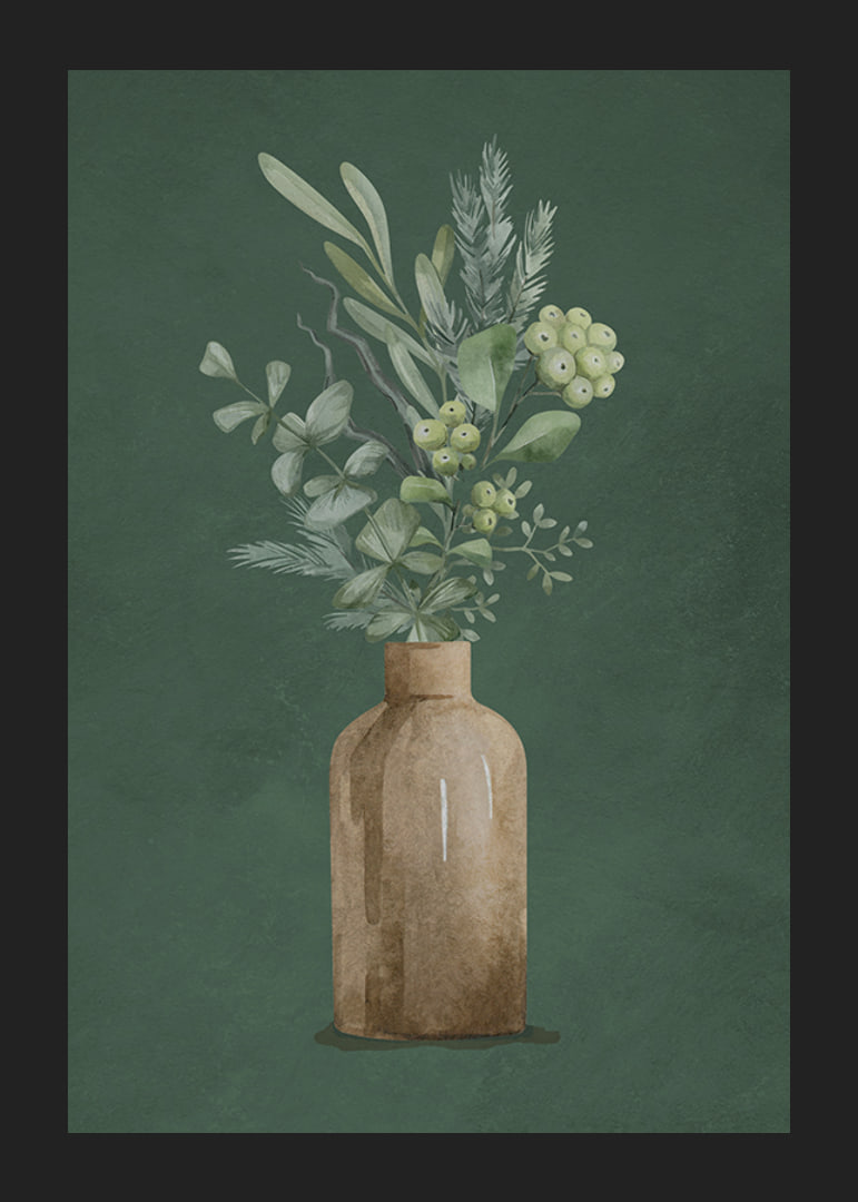 Watercolor of brown vase with evergreen twigs on green background-12