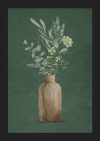 Akvarell av bruna vas med vintergröna kvistar på grön bakgrund-5