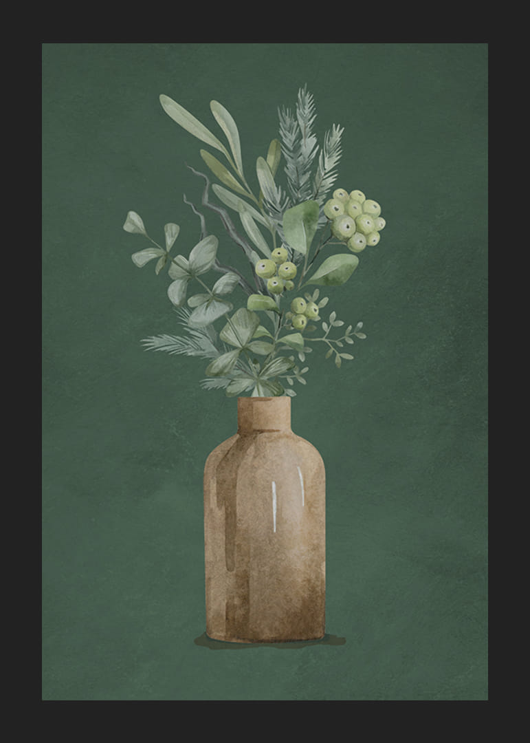 Akvarell av bruna vas med vintergröna kvistar på grön bakgrund-12