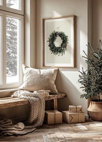 Photograph of green Christmas wreath with pine cones on beige background-8