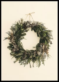Photograph of green Christmas wreath with pine cones on beige background-6