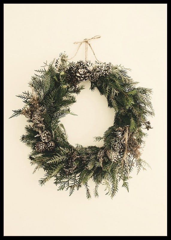 Photograph of green Christmas wreath with pine cones on beige background-12
