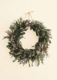 Photograph of green Christmas wreath with pine cones on beige background-7