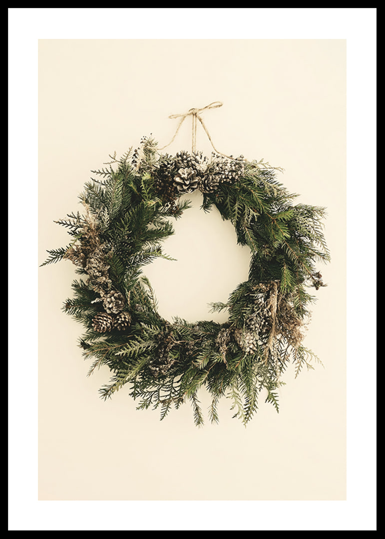 Photograph of green Christmas wreath with pine cones on beige background-12