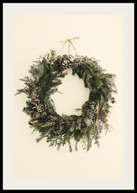Photograph of green Christmas wreath with pine cones on beige background-2