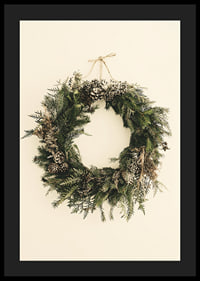 Photograph of green Christmas wreath with pine cones on beige background-4