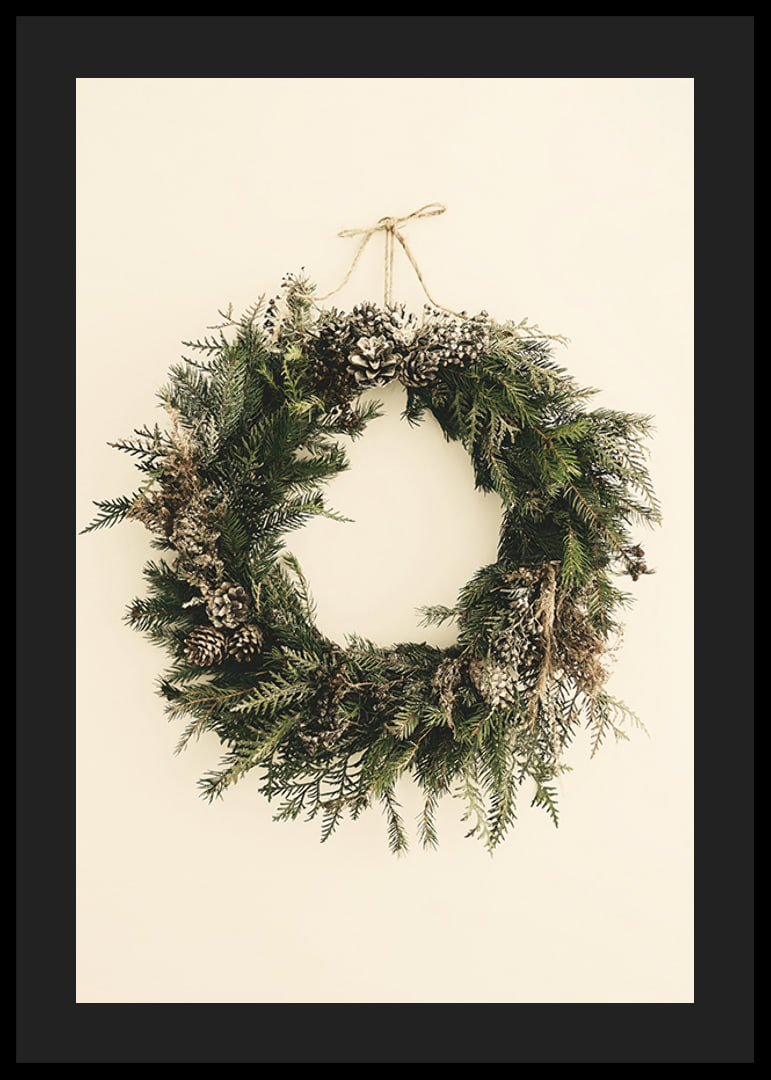 Photograph of green Christmas wreath with pine cones on beige background-12