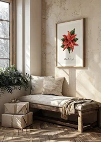 Watercolor illustration of red poinsettia with green leaves-8