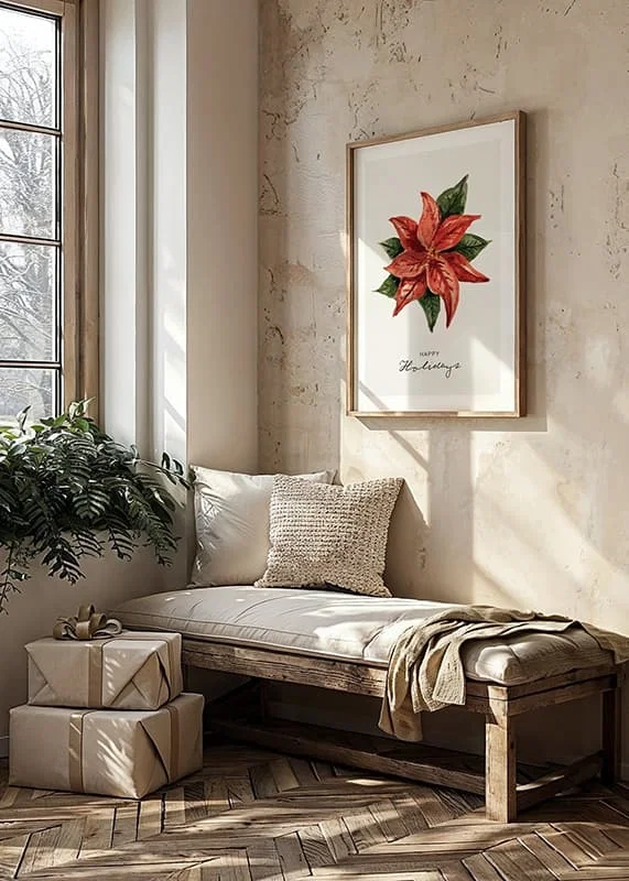 Watercolor illustration of red poinsettia with green leaves-12