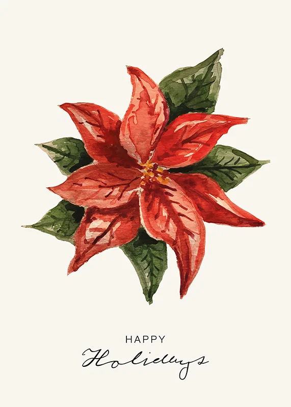 Watercolor illustration of red poinsettia with green leaves-12