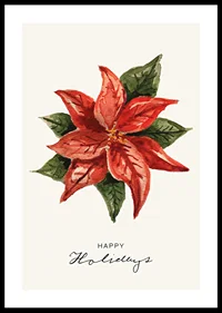 Watercolor illustration of red poinsettia with green leaves-0