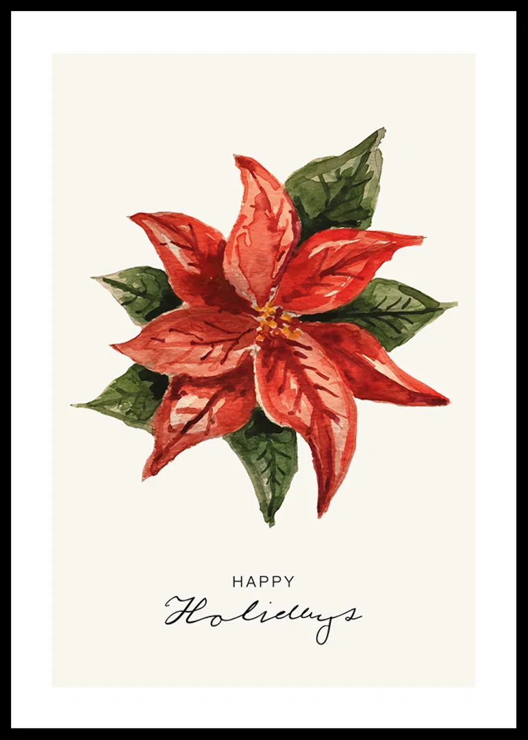 Watercolor illustration of red poinsettia with green leaves-12