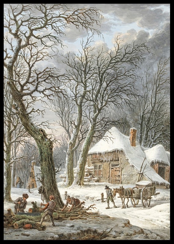 Winterlandschaft mit Bauernhof, schneebedeckten Bäumen und arbeitenden Männern-12