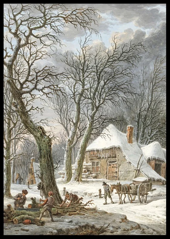 Winter landscape with farm, snow-covered trees and working men-12