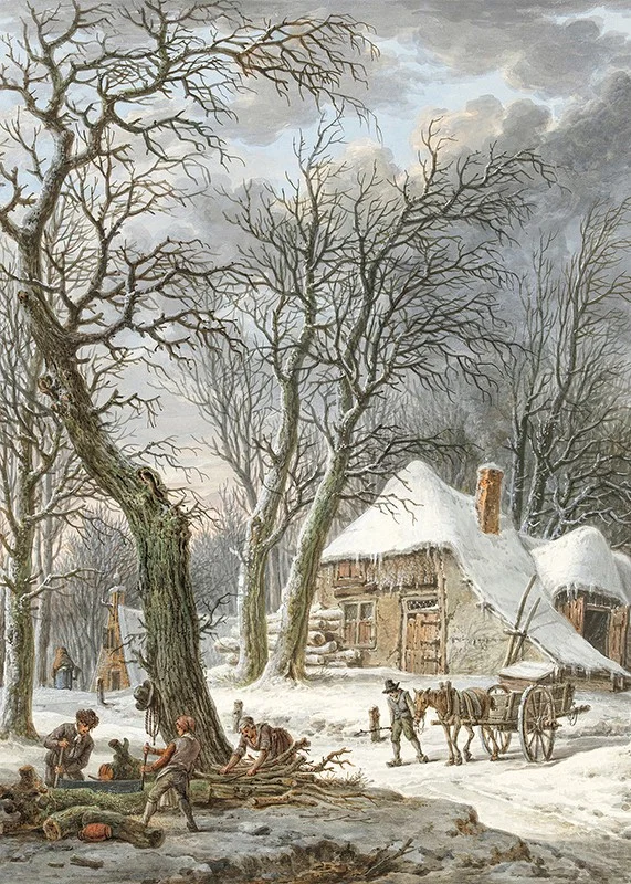 Winter landscape with farm, snow-covered trees and working men-12