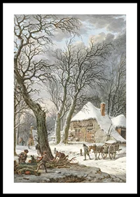 Winter landscape with farm, snow-covered trees and working men-0