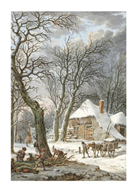 Winterlandschaft mit Bauernhof, schneebedeckten Bäumen und arbeitenden Männern-1