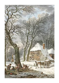 Winter landscape with farm, snow-covered trees and working men-1