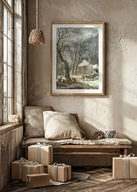 Winter landscape with farm, snow-covered trees and working men-8