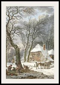 Winter landscape with farm, snow-covered trees and working men-2