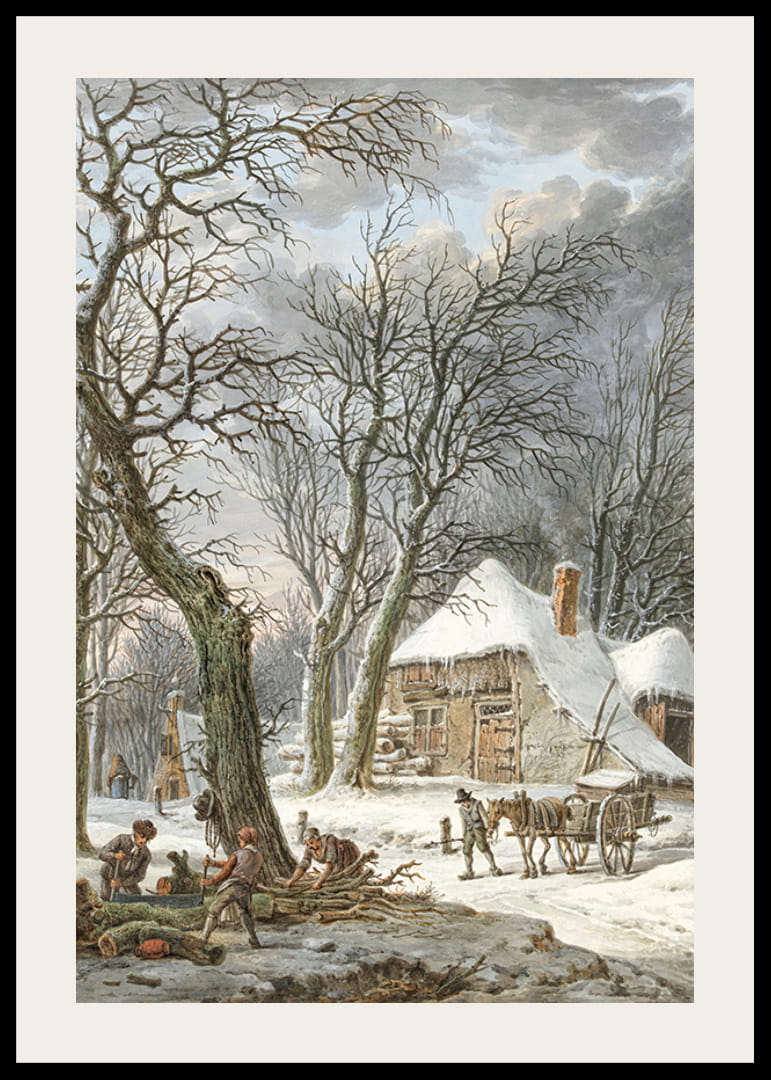 Peisaj de iarnă cu fermă, copaci acoperiți de zăpadă și muncitori-12