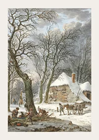 Winter landscape with farm, snow-covered trees and working men-3