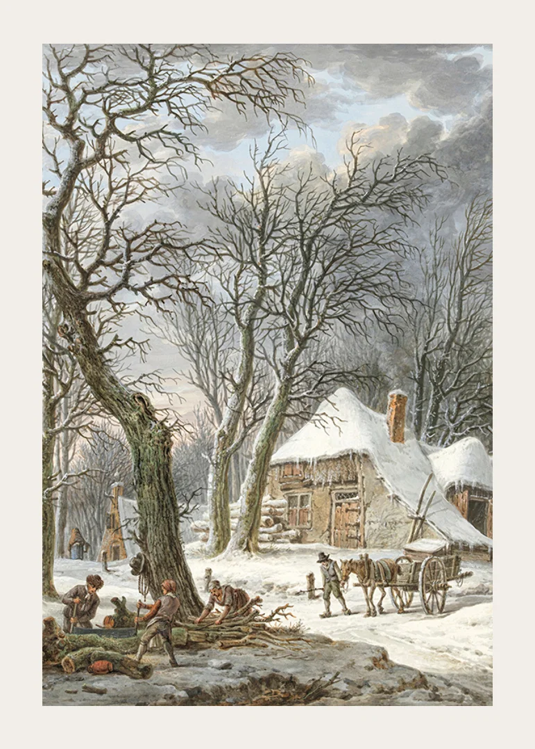 Winter landscape with farm, snow-covered trees and working men-12