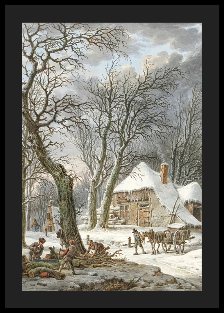 Winter landscape with farm, snow-covered trees and working men-12