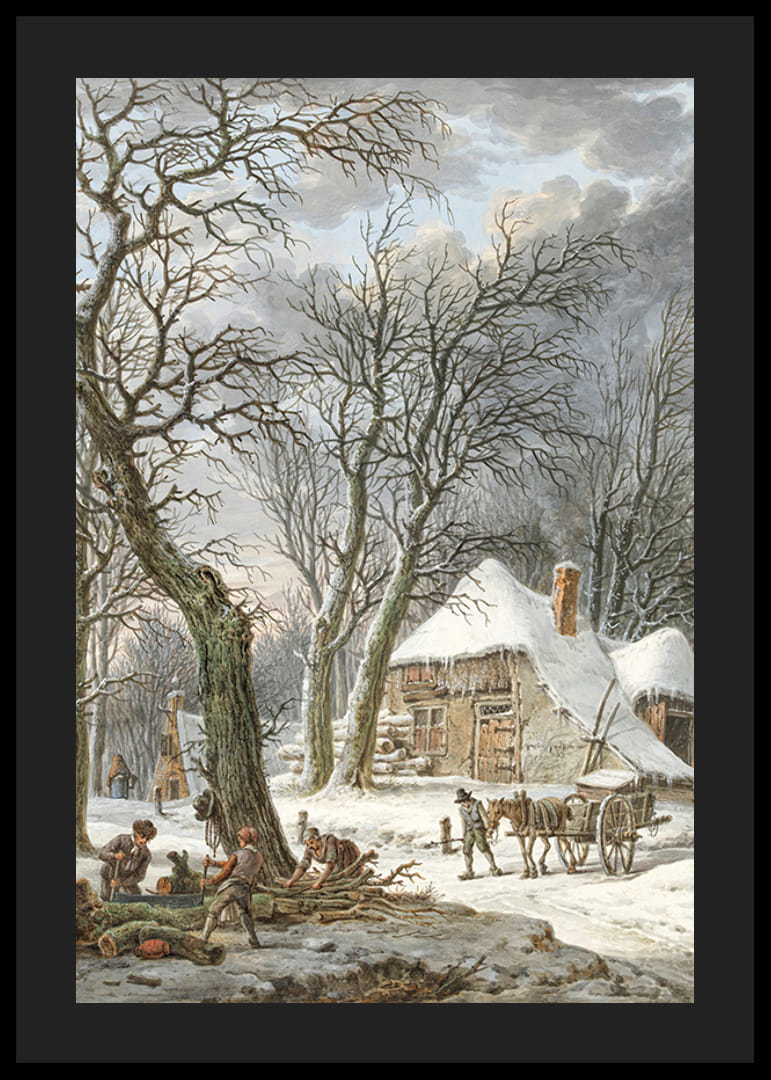 Peisaj de iarnă cu fermă, copaci acoperiți de zăpadă și muncitori-12