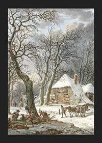 Winter landscape with farm, snow-covered trees and working men-5