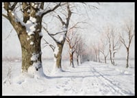 Oil painting of snow-covered avenue with bare trees in winter light-6