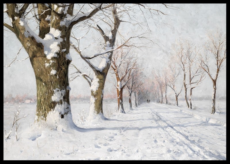 Oil painting of snow-covered avenue with bare trees in winter light-12