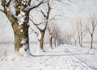Oil painting of snow-covered avenue with bare trees in winter light-7