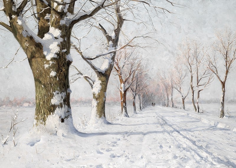 Oil painting of snow-covered avenue with bare trees in winter light-12