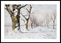 Oil painting of snow-covered avenue with bare trees in winter light-0