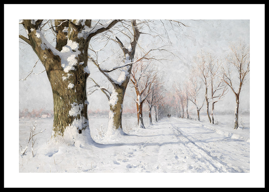 Oil painting of snow-covered avenue with bare trees in winter light-12