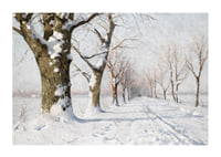 Oil painting of snow-covered avenue with bare trees in winter light-1