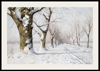 Oil painting of snow-covered avenue with bare trees in winter light-2